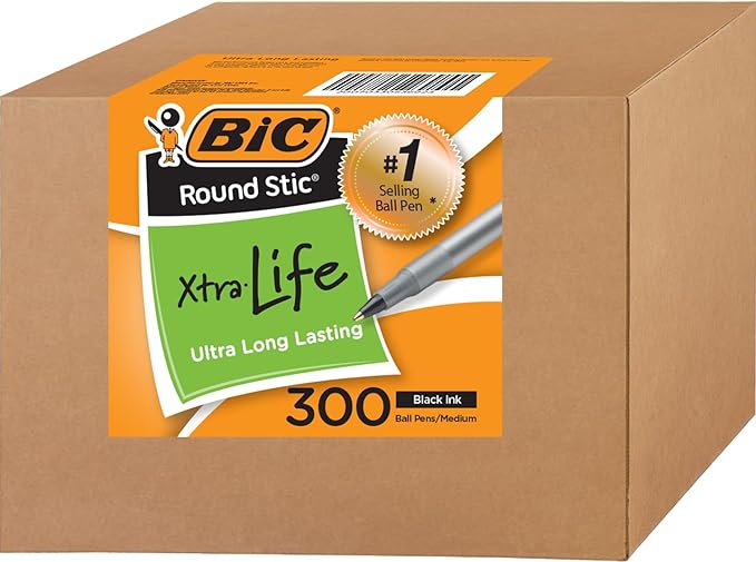 BIC Round Stic Xtra Life Ballpoint Pens, Bulk Pack of Black Ink Pens, Medium point 1.0 mm, Pack of 300-DeskLoop Office