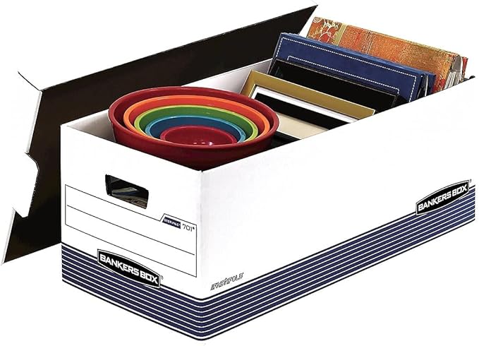 Bankers Box 12 Pack STOR/File Medium-Duty File Storage Boxes, FastFold, Lift-Off Lid, Letter, White/Blue-DeskLoop Office