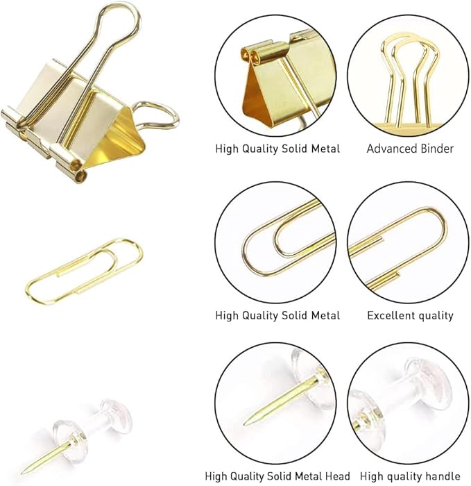 Gold Paper Binder and Clips Set, Metal Assorted Sized Binders with Push Pins, Cute Office Supplies, Teacher Desk Must Haves, Desk Accessories-DeskLoop Office