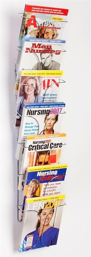 Displays2go Set of 2 - 7-Pocket Wire Magazine Rack with Vertically-Stacked Pockets, Wall Mounted Literature Holder for 8.5x11 Catalogs - Chrome Finish-DeskLoop Office