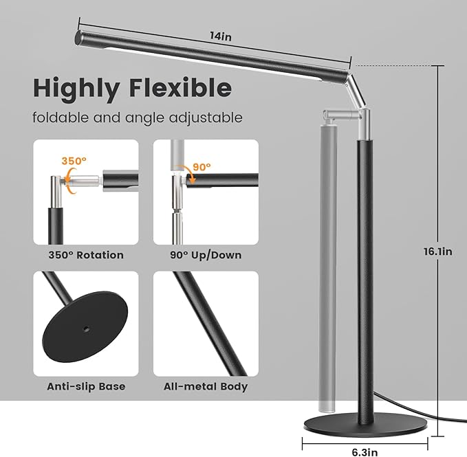 Metal LED Desk Lamp for Home Office - Foldable Industrial Desk Light with Base, 16" Dimmable Table Lamp for Reading, 4 Color Temps, 15W Modern Desktop Lamp for College Dorm Study Task Work-DeskLoop Office
