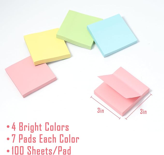 HappyHapi Sticky Notes 3x3 Inches Bulk 36 Pack 3600 Sheets Colored Self-Stick Pads, 100 Sheets/Pad, 4 Bright Colors (Yellow, Green, Pink, Blue) for Office Supplies, School, Home-DeskLoop Office