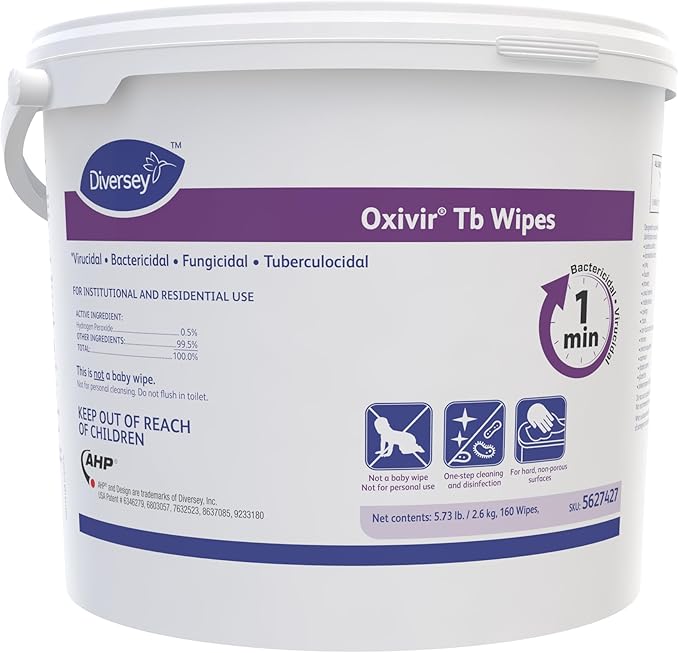 Oxivir Diversey Tb 5627427 Ready-to-Use Disinfectant Cleaning Wipes, Accelerated Hydrogen Peroxide, 11x12-Inch Extra Large Sheets, 160-Wipes, 1-Bucket (Pack of 4)-DeskLoop Office