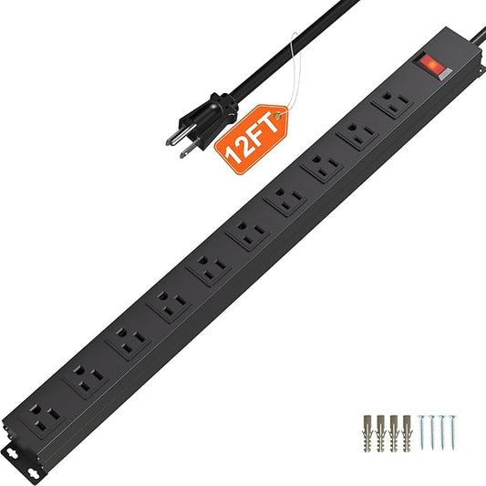 10 Outlet Metal Power Strip with 12Ft/125V/15A Long Extension Cord Black Heavy Duty Power Strip for Kitchen,Office,School,Commercial,Workshop,Industrial,ETL Certified and Listed,Black(12FT)-DeskLoop Office
