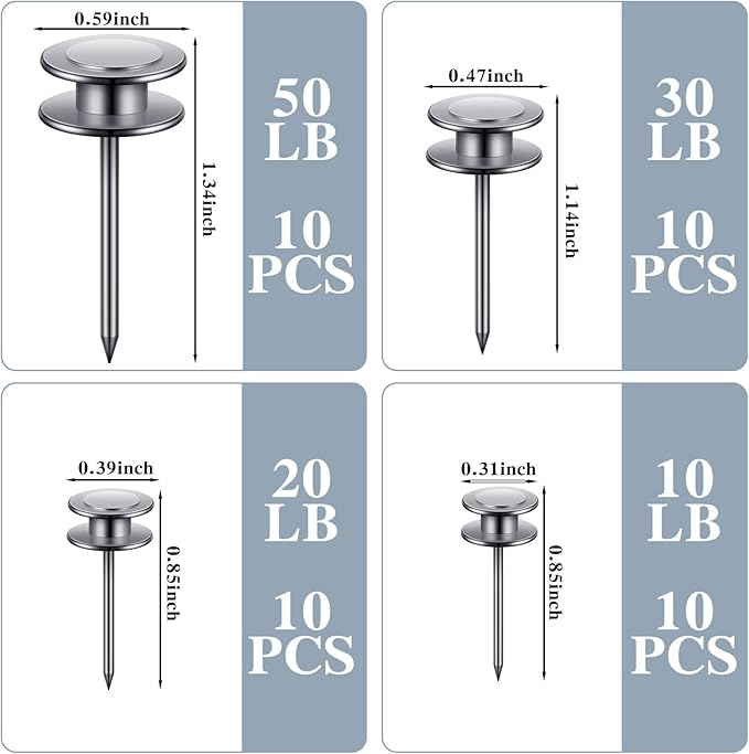 Ferraycle 40 Piece Double Headed Picture Hangers Nails 4 Size Long Thumb Tacks for Wall Hanging Decorative Nails Push Pins Picture Hooks for Drywall Photo Decor, 10/20/ 30/ 50lb(Silver)-DeskLoop Office