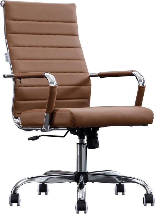 Home Office Chair Ribbed, Modern Leather Conference Room Chairs, High Back Executive Computer Chair, Ergonomic Office Desk Chair, Adjustable Swivel Chair with Arms (Brown)-DeskLoop Office