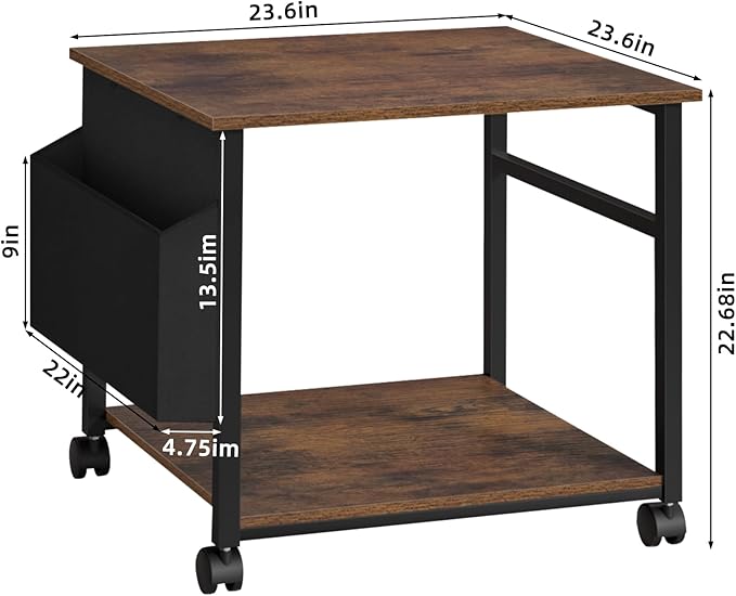 Lerliuo Large Printer Stand with Storage Shelf, 23.6 x 23.6 x 22.8 Industrial Printer Table for Home Office, Rolling Printer Cart Holder with Lockable Wheels, Mobile Mini Fridge Stand Table (Brown)-DeskLoop Office