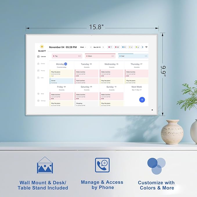 15.6 inch Digital Calendar Touchscreen, Wall Planner, IPS FHD,Smart Family Schedules, Chore Chart, Wall Organizer for Multi-Child Homes - Built-in Digital Picture Frames Function-DeskLoop Office