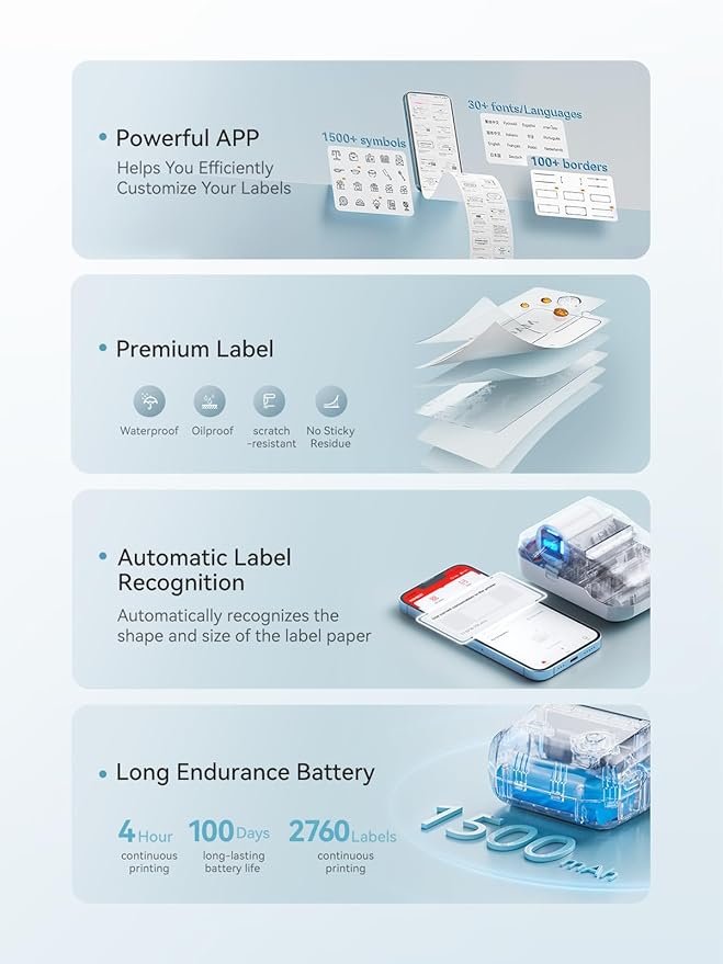 NIIMBOT Label Maker Machine with Tape, B1 Bluetooth Label Printer, 2 Inch Large Waterproof Label, Inkless Thermal Label Maker for Kids School Items, Classroom Teacher, Light Blue-DeskLoop Office