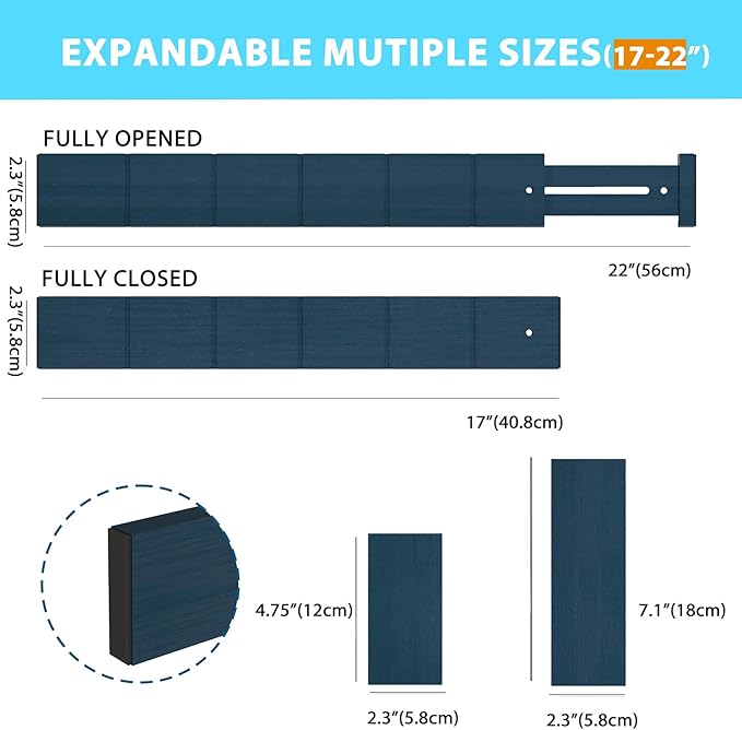 6 Pack Bamboo Drawer Dividers with 12 Inserts, Expandable Adjustable Clothes Drawer Organizers and Storage from 17" to 22" for Kitchen, Bedroom, Dresser, Cosmetics (Navy Blue)-DeskLoop Office