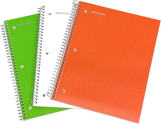 Mintra Office Durable Spiral Notebooks, 1 Subject, (Green, White, Orange, Wide Ruled 3pk)-DeskLoop Office