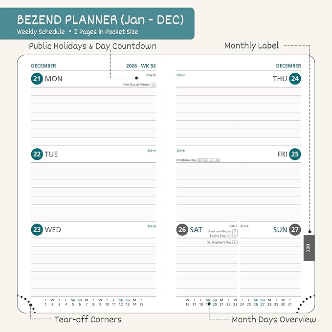 BEZEND Pocket Calendar 2026 Weekly and Monthly (3.5" x 6") Small Daily Planner for Purse (Jan-Dec) with Notes & Expenses, Inner Pocket, Pen Holder, Vegan Leather Hardcover - Cornflower-DeskLoop Office