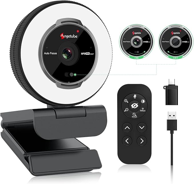 Angetube Streaming Webcam with Microphone: 1080P 60FPS USB Web Cam with Ring Light and Remote Control - HD Web Camera with 5X Digital Zoom Built in Privacy Cover,for PC|Computer|Laptop|Mac|Desktop-DeskLoop Office
