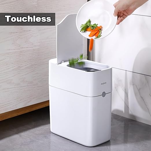 MOPUP Bathroom Trash Can, Automatic Bagging Garbage Can, 3.5 Gallon Slim Smart Small Plastic Trash Bin, Narrow Motion Sensor Trash Can for Bedroom, Office White-DeskLoop Office