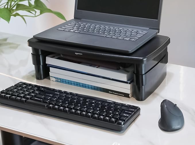 Amazon Basics Height Adjustable Rectangular Computer Monitor Riser Desk Stand with Storage for Reduced Neck Strain - Fits Monitors, Laptops Up to 22lbs, Black-DeskLoop Office