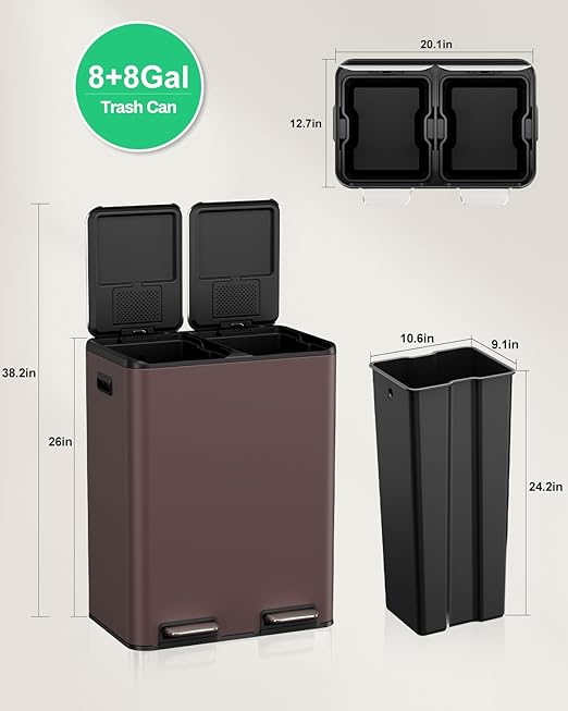 TLSUNNY Kitchen Dual Trash Can, 60L Hands-Free Stainless Steel Garbage Can, Classified Rubbish Bin with Double Compartments, Soft-Close Lid, Inner Bucket, Odor Control (60L) (Brown)-DeskLoop Office