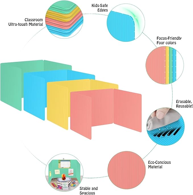 24 Pack Desk Privacy Panel Desk Divider - Pastel Colorful Testing Dividers for Classroom Supplies- Easy Clean Privacy Shields for Student Testing Desk dividers- Includes Extra Labels-DeskLoop Office