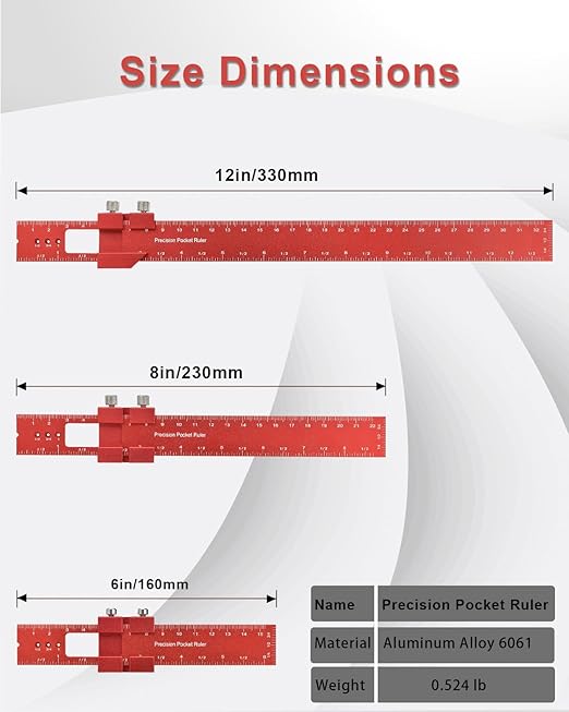 Woodworking Ruler Precision Pocket Rule - BOXmime 12,8,6 Inch Metal Slide Stop Marking Ruler Metric Inch Measuring Wood Working Scribing Rulers - Engineers Woodwork Adjustable Sliding Ruler-DeskLoop Office