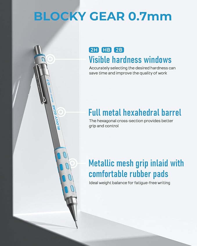 Nicpro Blocky Gear 0.7 mm Mechanical Pencils Set in Case, Metal Pencil with Lead Refills, Eraser for Professional & Adult Art Writing Drafting Drawing-DeskLoop Office