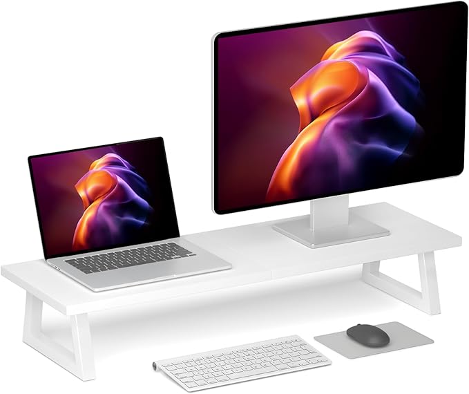 TEAMIX White Dual Monitor Riser - 31.5 inch Wide TV Stand for 2 Monitors - Wood & Steel Desktop Riser for Dual Screen Office Desk Organization-DeskLoop Office