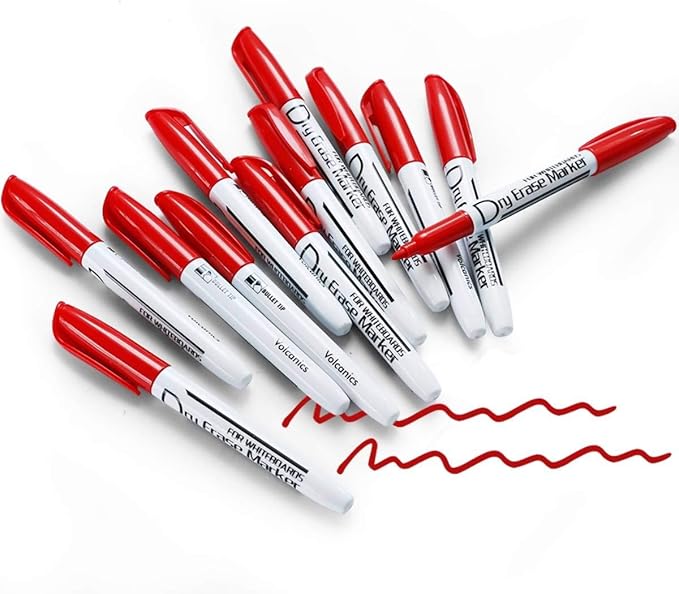 Volcanics Red Dry Erase Markers Low Odor Fine Whiteboard Markers Thin Box of 12-DeskLoop Office