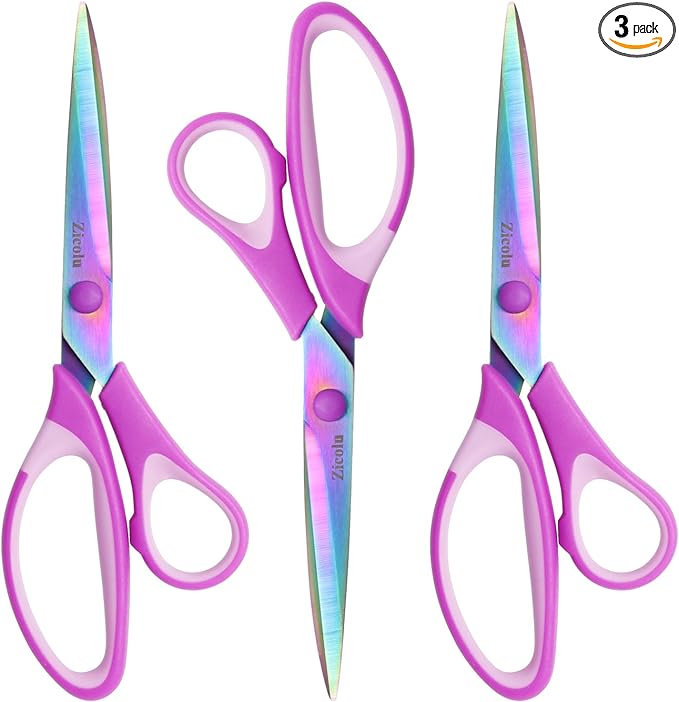 8.5" Scissors All Purpose, Multipurpose Office Scissors Set of 3 pack, sharp Titanium Coating Blade and Soft Comfort-Grip Sturdy Scissors for Fabric School Craft Sewing Home, Right/Left Handed, Purple-DeskLoop Office