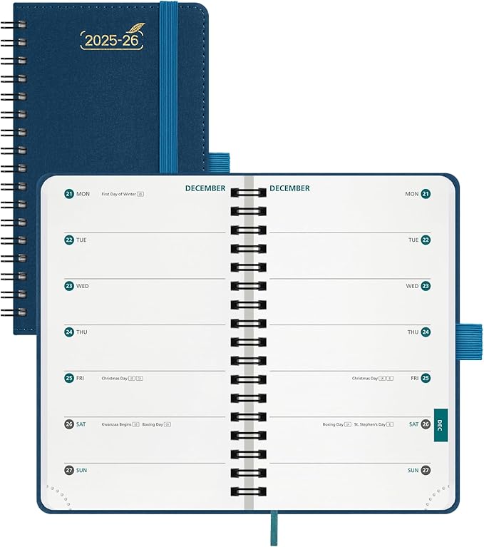 BEZEND Pocket Planner 2025-2026 Weekly with 2 Columns, 18-Month Academic Calendar (Jul 25-Dec 26), Life Work App., Storage Pocket, Pen Holder, PU Leather Softcover 3.5" x 6" Spiral - Prussian Blue-DeskLoop Office