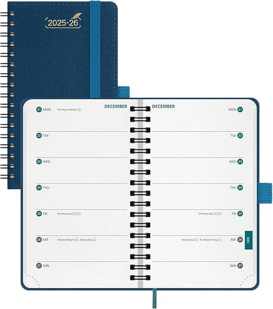 BEZEND Pocket Planner 2025-2026 Weekly with 2 Columns, 18-Month Academic Calendar (Jul 25-Dec 26), Life Work App., Storage Pocket, Pen Holder, PU Leather Softcover 3.5" x 6" Spiral - Prussian Blue-DeskLoop Office