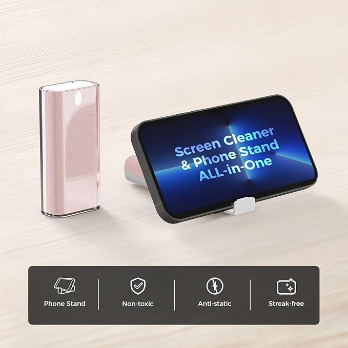 CLICK CLEAN Touchscreen Mist Cleaner, Screen Cleaner, All in One Screen Cleaner Spray with Microfiber and Phone Stand for All Phones, Laptop and Tablet Screens (Pink)-DeskLoop Office