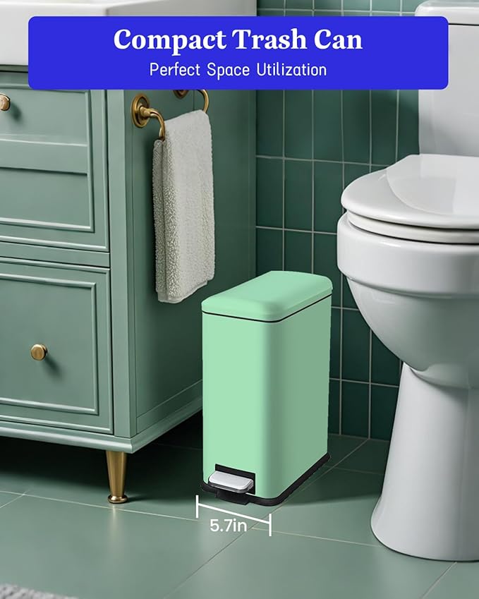 Bathroom Trash Can with Lid,5 Liter / 1.3 Gallon Small Trash Can with Removable Liner Bucket, Soft Close lid & Step Pedal, Stainless Steel Trash Bin for Bathroom,Bedroom,Home Office, Green-DeskLoop Office