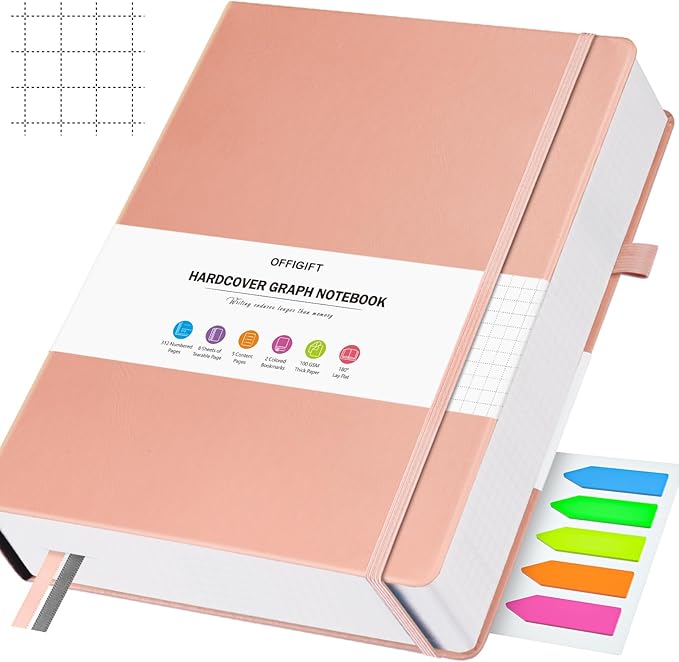 Graph Paper Notebook, 312 Numbered Pages B5 Hardcover Leather Journal, 100gsm No Bleed Grid Paper Notebook with Index Pages, Grid Notebook for Graphing Notes Math, 7.6'' X 10'', Pink-DeskLoop Office