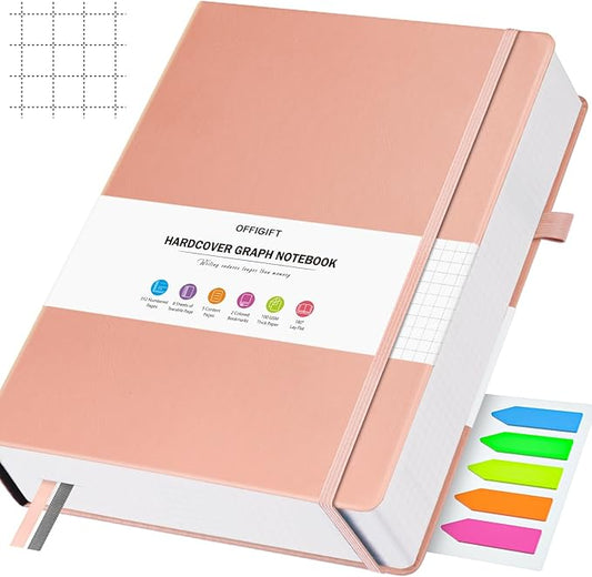 Graph Paper Notebook, 312 Numbered Pages B5 Hardcover Leather Journal, 100gsm No Bleed Grid Paper Notebook with Index Pages, Grid Notebook for Graphing Notes Math, 7.6'' X 10'', Pink-DeskLoop Office