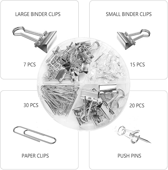 Silver Binder Clips and Paper Clips Push Pins Tacks Sets, Total 72 PCS Assorted Sizes Office Supplies Set for Women, Student, School, Home & Desk Supplies-DeskLoop Office