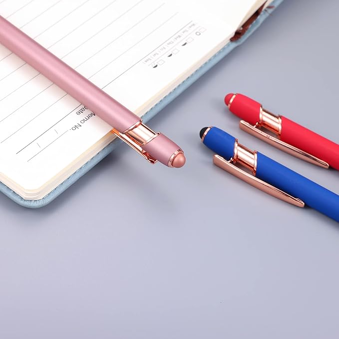 12 PCS 2 in 1 Stylus Ballpoint Pen with Stylus Tip, 1.0 mm Black Ink Metal Pen Stylus Pen for Touch Screens (Rose glod & 6 Colors)-DeskLoop Office