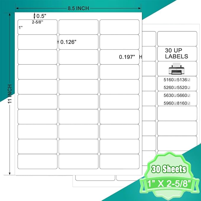 Address Labels 1" x 2-5/8" Mailing Labels for Envelopes, 900 White Printable Blank Label Stickers for Address, Mailing, Lase/Inkjet Printer, 8.5"×11" 30 Up Small Labels Per Sheet (30 Sheets)-DeskLoop Office