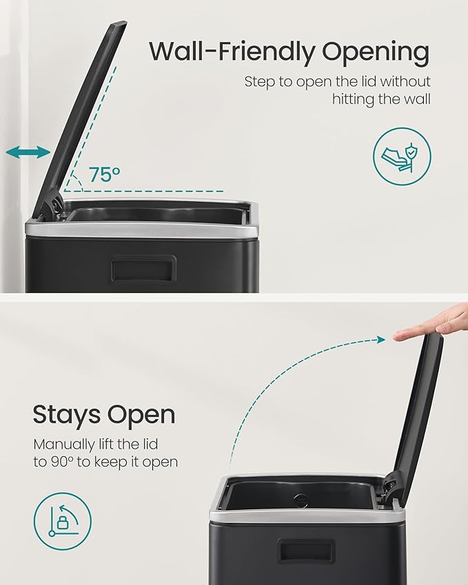 SONGMICS Trash Can, 13-Gallon Gabbage Can, with 15 Trash Bags, Steel, with Soft-Close Lid, Removable Inner Bucket, Handles, Ink Black ULTB595B01V1-DeskLoop Office