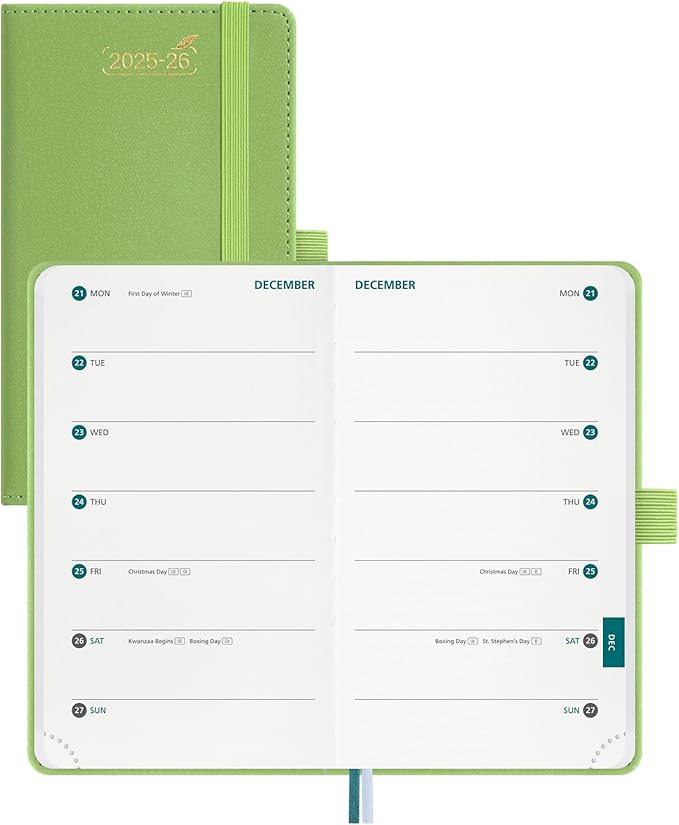 BEZEND Pocket Planner 2025-2026 Weekly with 2 Columns, 18-Month Academic Calendar (Jul 25-Dec 26), Life Work Appointment, Storage Pocket, Pen Holder, PU Leather Hardcover 3.5" x 6" - Fruit Green-DeskLoop Office