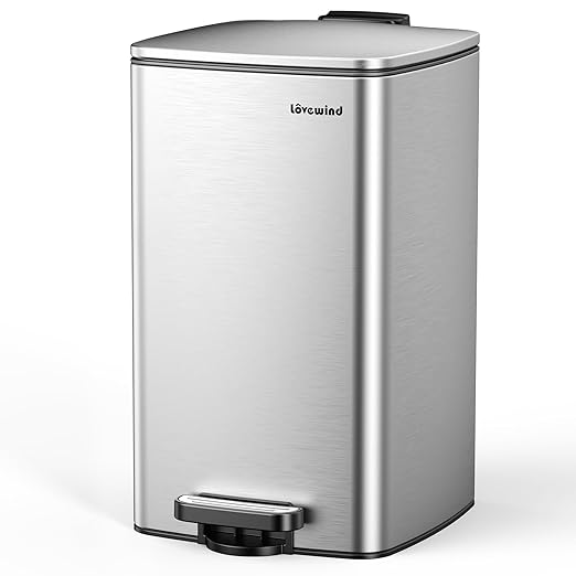 Lovewind Kitchen Trash Can with Lid, 8 Gallon/30 L Footstep Garbage Can for Kitchen Bedroom Home Office, 30 Liter Trash Bin Brushed Stainless Steel Waste Bin with Soft-Close Lid,Silver-DeskLoop Office