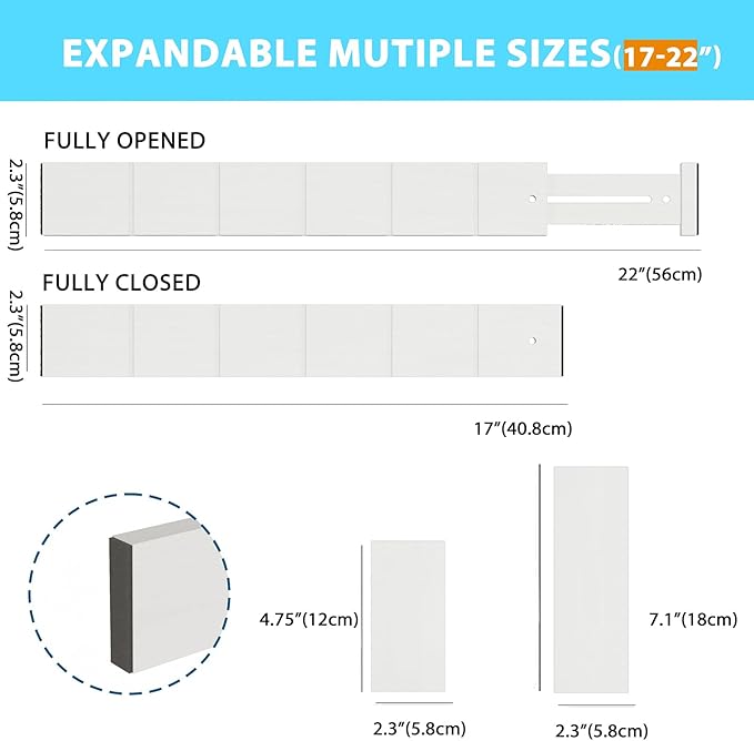 6 Pack Bamboo Drawer Dividers with 12 Inserts, Expandable Adjustable Clothes Drawer Organizers and Storage from 17" to 22" for Kitchen, Bedroom, Dresser, Cosmetics (White)-DeskLoop Office