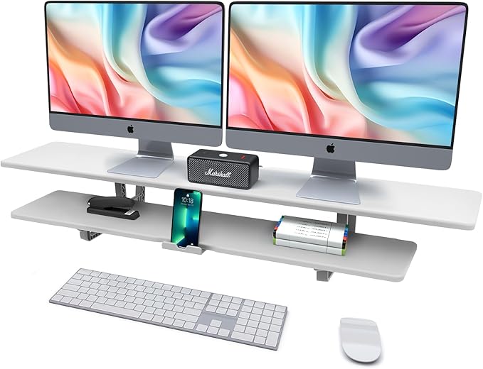 Dual Monitor Stand, 2-Tier Wood Monitor Riser with Storage Organizer and Cable Management, White-DeskLoop Office