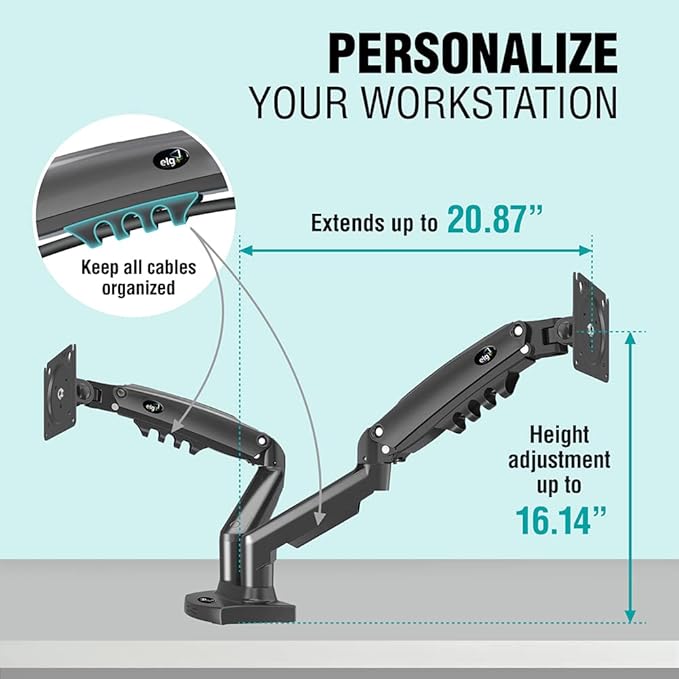 ELG Full Motion Swivel Dual Monitor Desk Mount Stand Gas Spring for Two Screens 17” to 35'' (4.4lbs to 19.8lbs Load for Each Display), Computer Monitor Stand F160N, Black-DeskLoop Office
