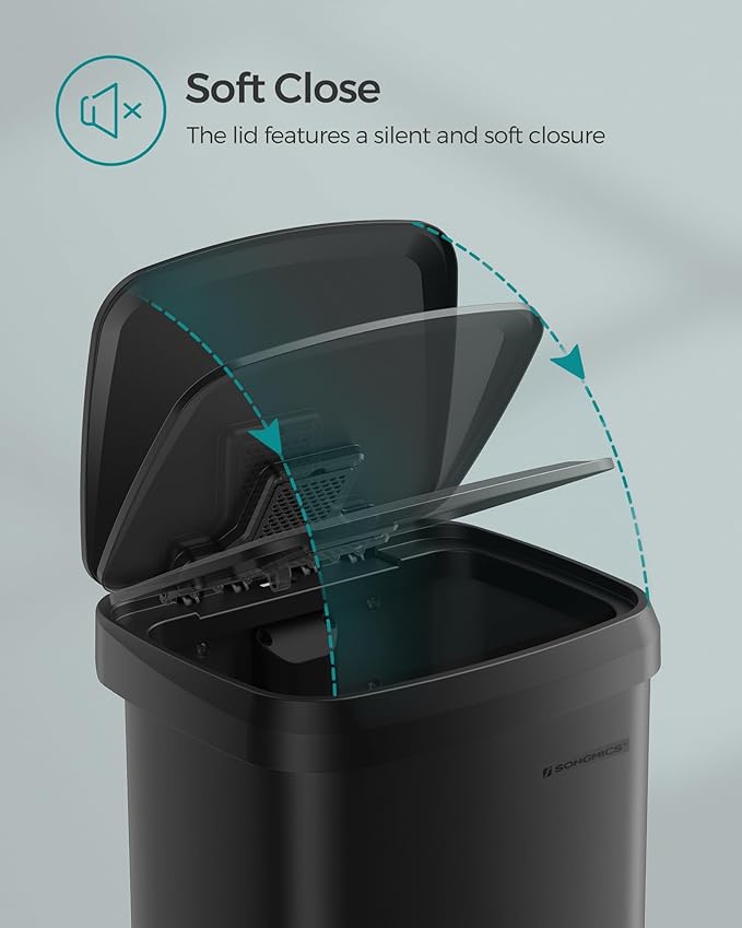 SONGMICS Kitchen Trash Can, 13 Gallon (50 L) Stainless Steel Garbage Can, with Stay-Open Lid and Step-on Pedal, Soft Closure, Tall, Large and Space-Saving, Black ULTB530B50-DeskLoop Office