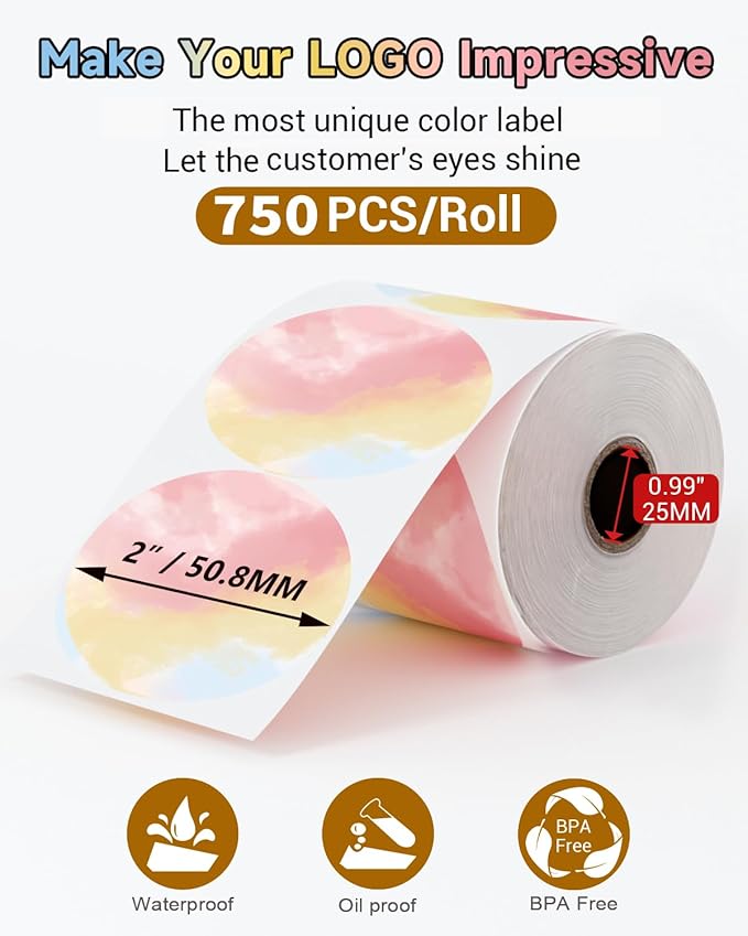 750 Pcs Phomemo 2" Color Round Thermal Label, Self-Adhesive Round Sticker Labels, Circular Direct Thermal Printer Circle Label for Logo Design, Name/Price Tag, Thanks Card, QR Code, 750 Labels/Roll-DeskLoop Office