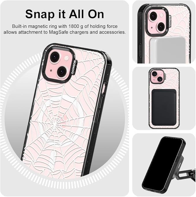 MOSNOVO Magnetic Case for iPhone 15, 10ft Military-Grade Protection, Compatible with Magsafe, Shockproof Phone Case for iPhone 15 - Spider Web - Clear Black-DeskLoop Office