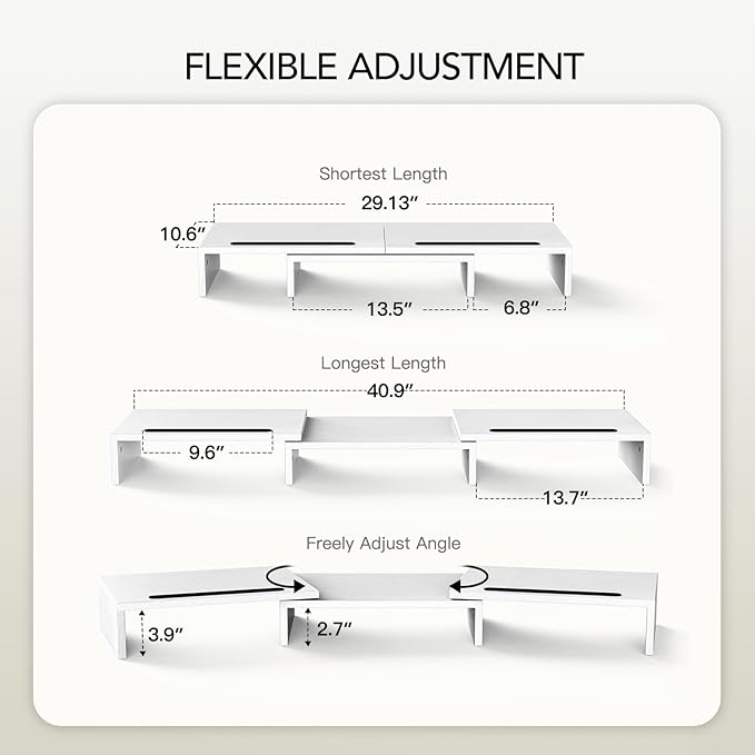 AMERIERGO Dual Monitor Stand Riser- 3 Shelf Screen Stand with Adjustable Length and Angle, 2 Extra Functional Slot Desktop Organizer Stand for PC, Computer, Laptop (White)-DeskLoop Office