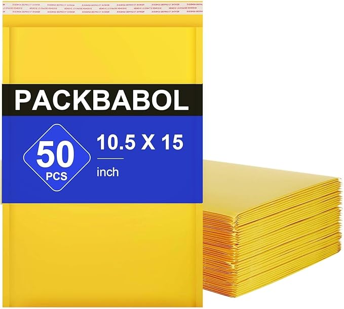 packbabol Kraft bubble mailers 10.5x15 Inch 50 Pack,Self-Sealing Paper Envelopes for Packaging,Strong Adhesion Envelope Mailers, Waterproof Cushioned Padded Shipping Bags Yellow #5-DeskLoop Office