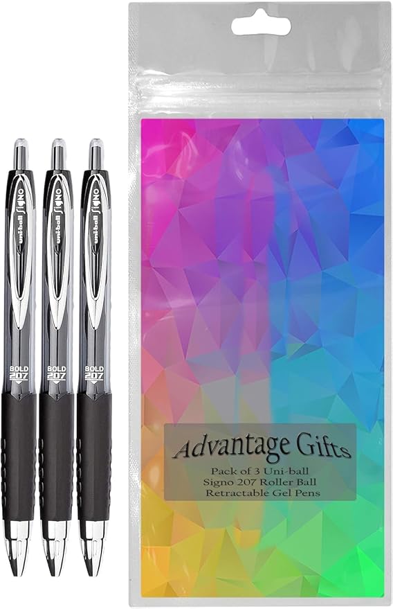 Signo 207 Roller Ball Retractable Gel Pens, Bold Point (1.0mm), Black Ink, 3 Count, Bundle with Plastic Reusable Pouch-DeskLoop Office