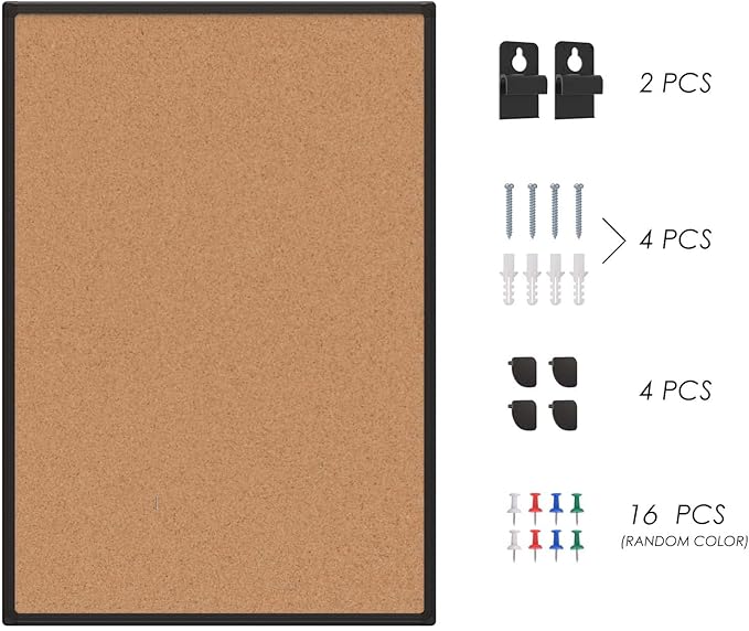 Board2by Cork Board Bulletin Board 20“ x 30”, Black Wood Framed Corkboard, Office Board for Wall Cork, Large Wall Mounted Notice Pin Board with 16 Push Pins for School, Home & Office-DeskLoop Office