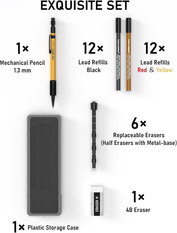Four Candies 1.3mm Mechanical Pencil Set with 24 Lead Refills, Metal Weatherproof Heavy Duty Outdoor Carpenter Pencil, Eraser, 6 Eraser Refills for Architect Drafting Woodworking Marking with Case-DeskLoop Office