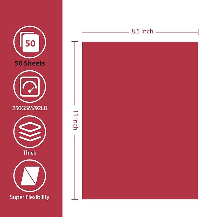 OcePor 50 Sheets Valentine's Day Red Cardstock Paper, Colored Printer Paper 8.5 x 11, Card Stock Thick Construction for Craft,Scrapbook,Office Printing, Invitations, Certificates,92 lb/250gsm